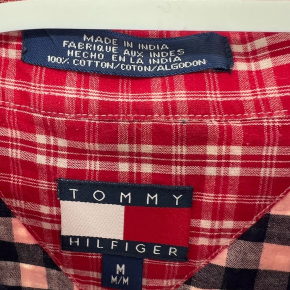 Tommy Hilfiger short sleeve button up plaid red white blue shirt M cotton - Picture 5 of 5